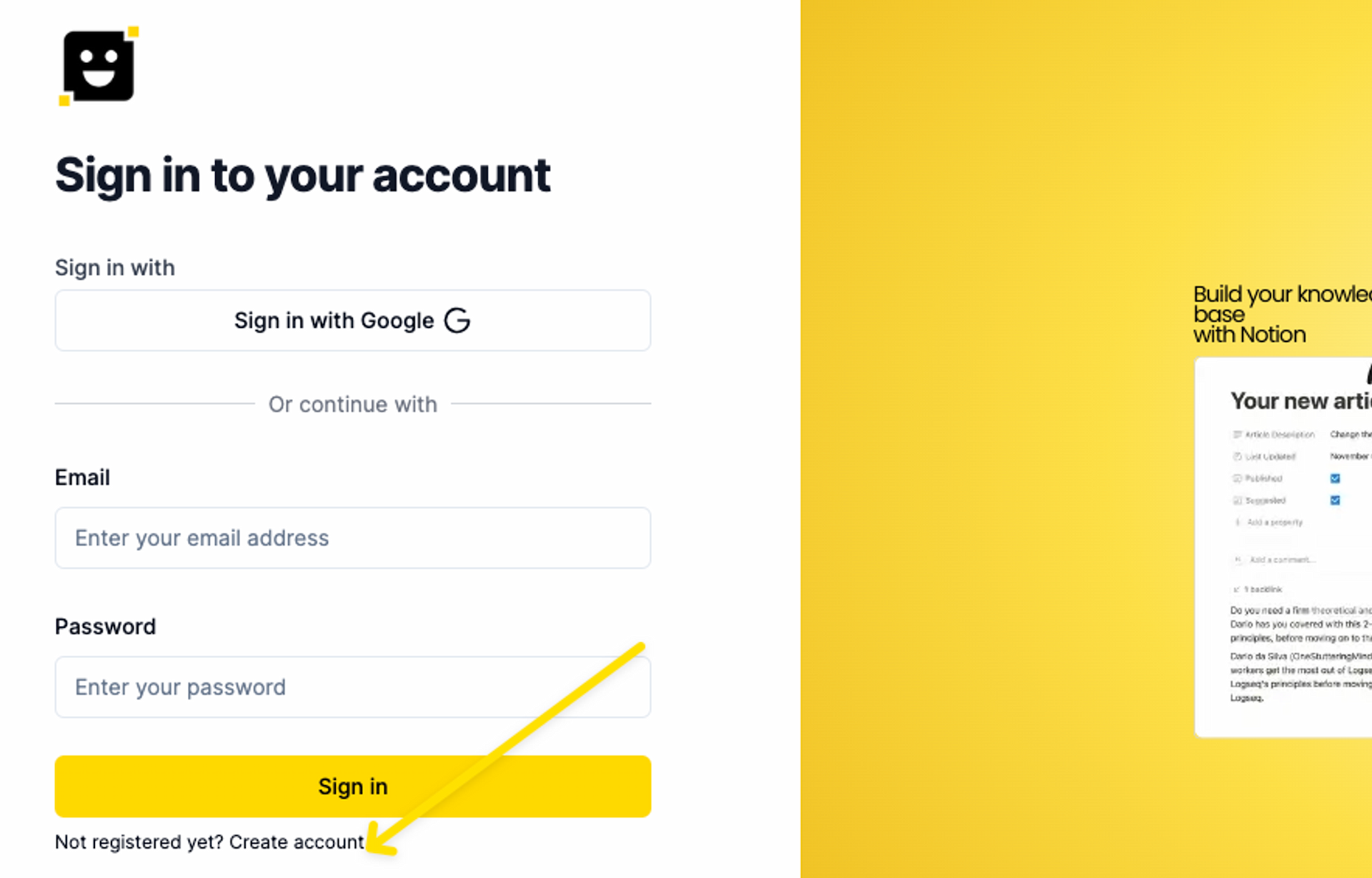 Click on Create account to create your account using an email address and a password