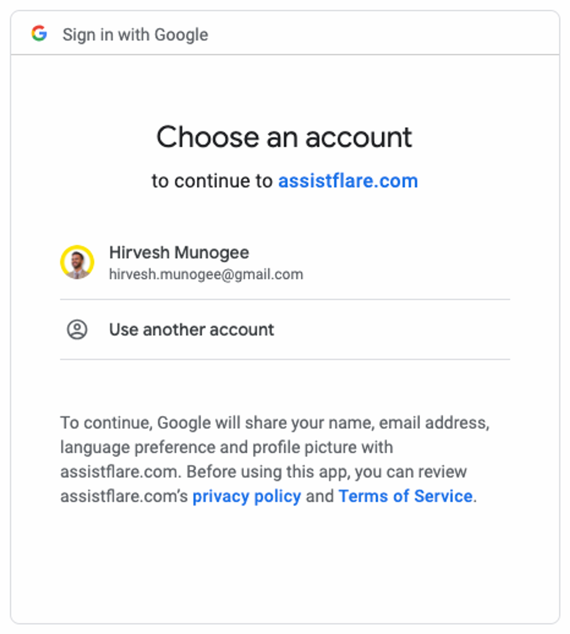 Choose the Google account you want to sign into AssistFlare with